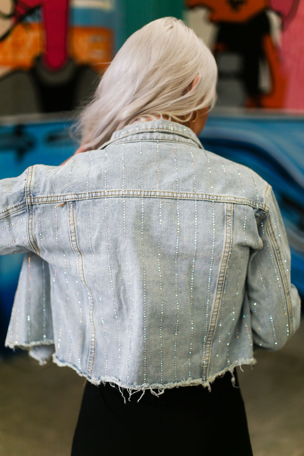 Kyler Rhinestone Raw Hem Denim Jacket