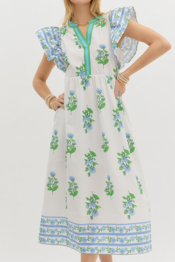 White and Blue Floral Midi Dress With Ruffle Sleeves
