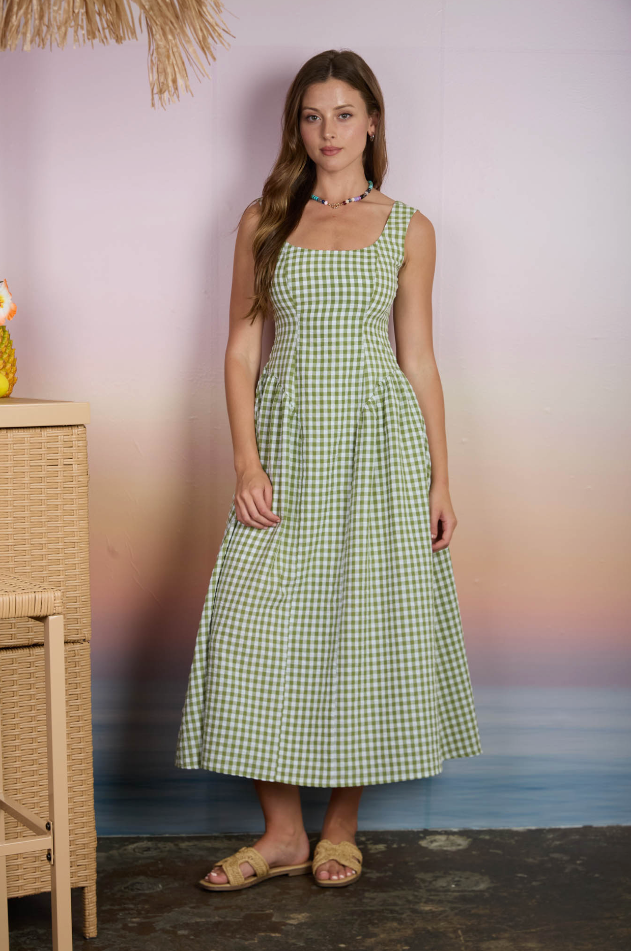 Plaid Basque Waist Sleeveless Midi Dress - Green