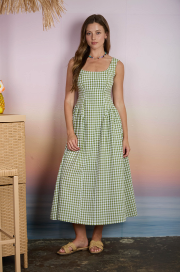 Plaid Basque Waist Sleeveless Midi Dress - Green