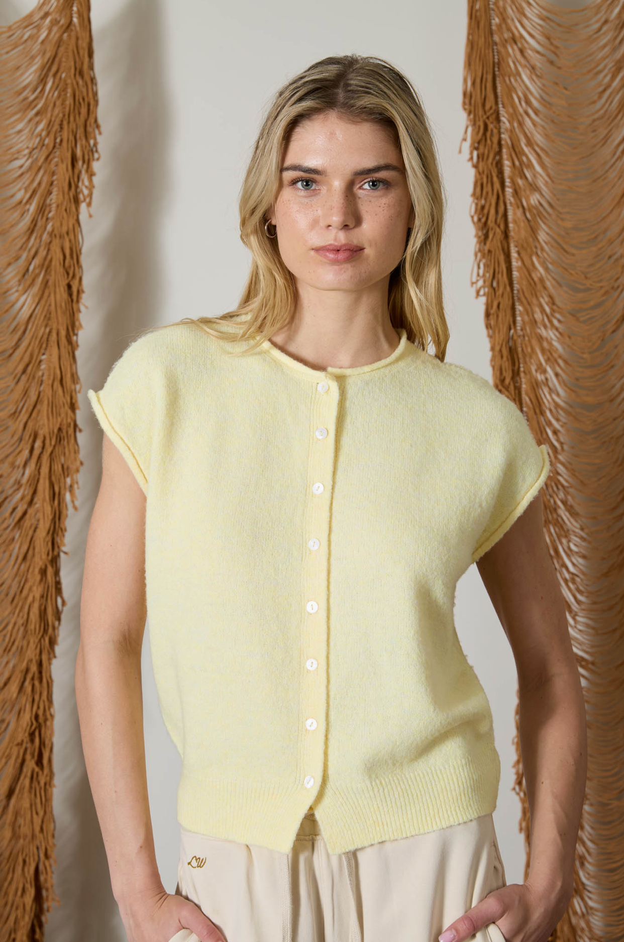 Soft Knit Button Down Sleeveless Cardigan Top - Yellow