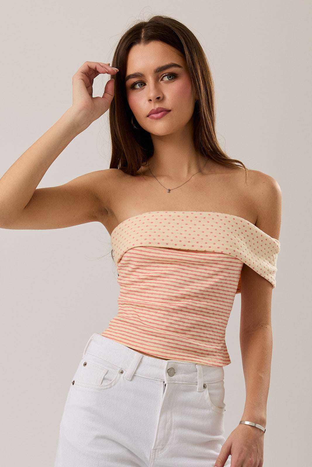 Polka Dot and Striped One Shoulder Top - Peach