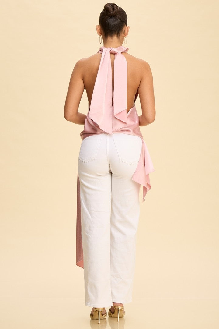 Pink Satin Asymmetrical Halter Neck Top