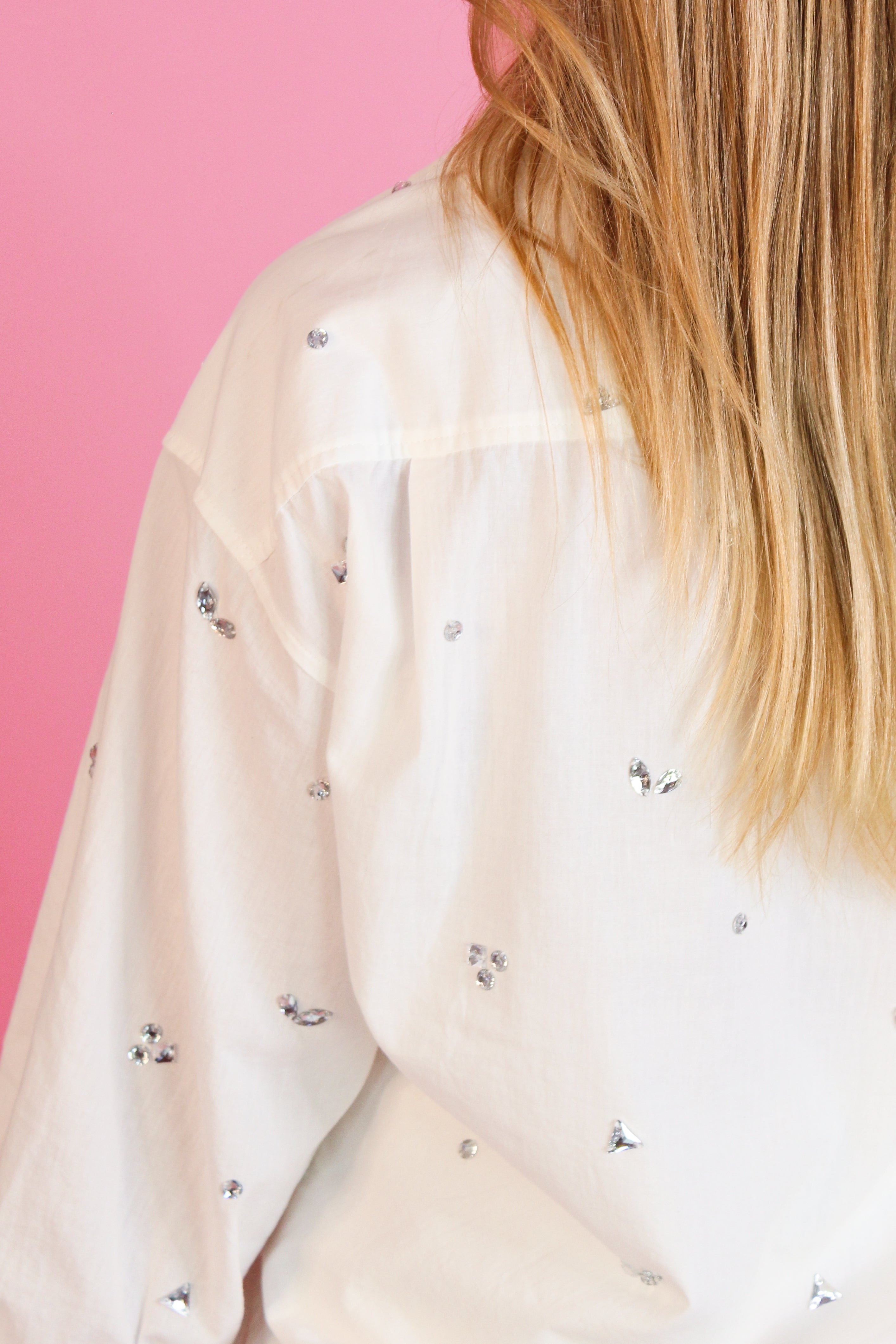 White Rhinestone Button Down Top