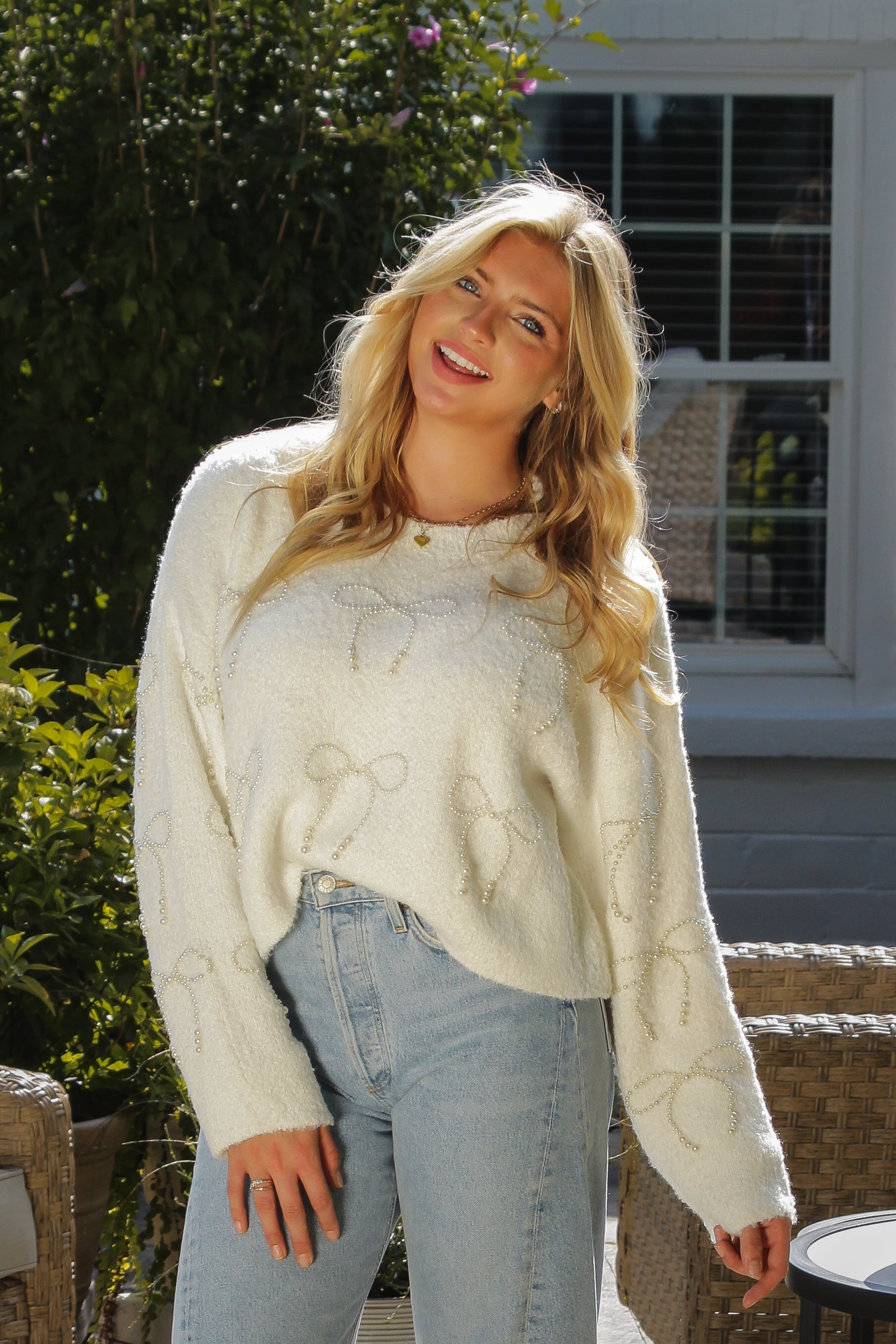 White Pearl Bow Cropped Sweater