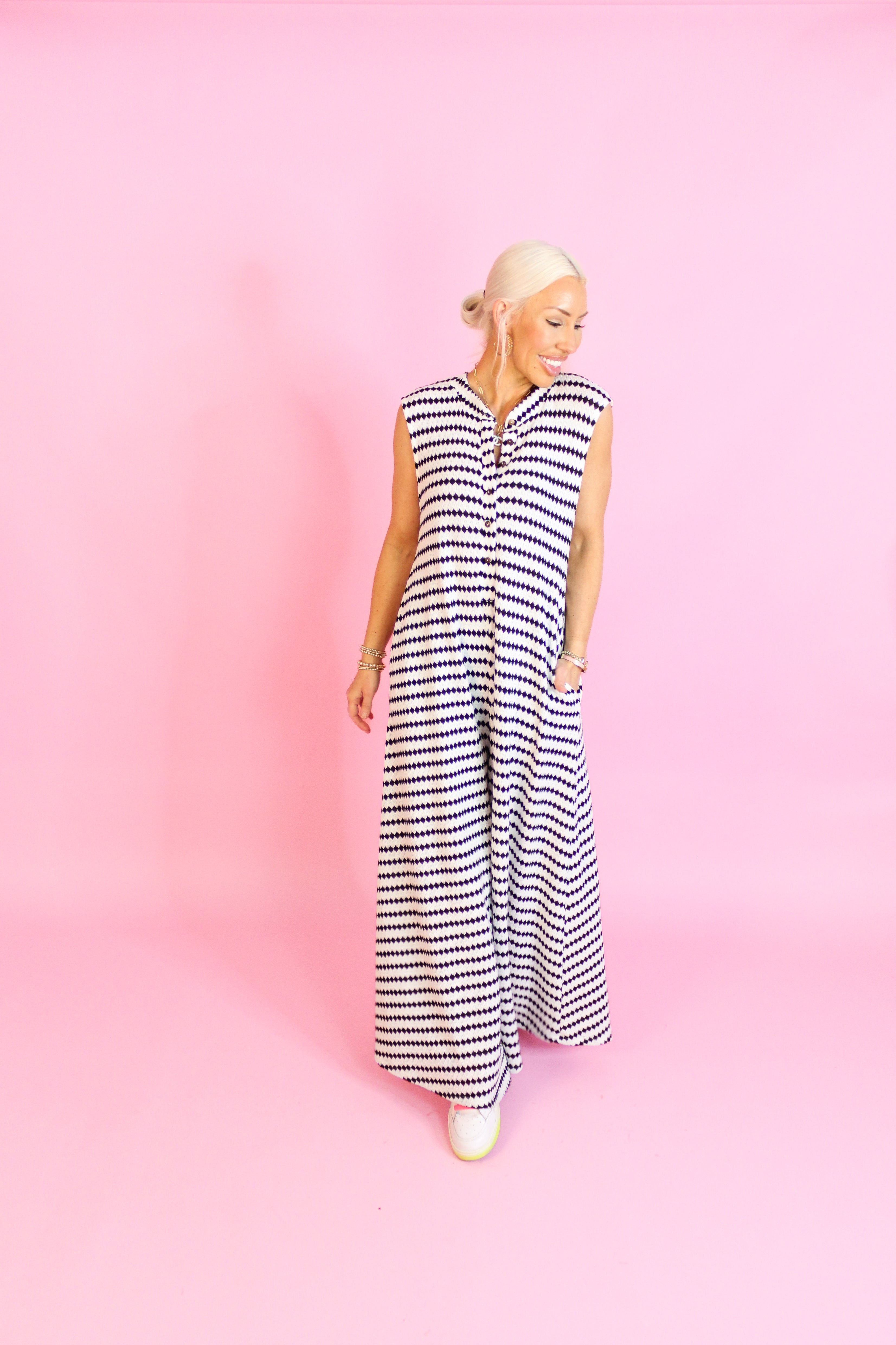 White and Black Striped Knit Wide Leg Jumpsuit