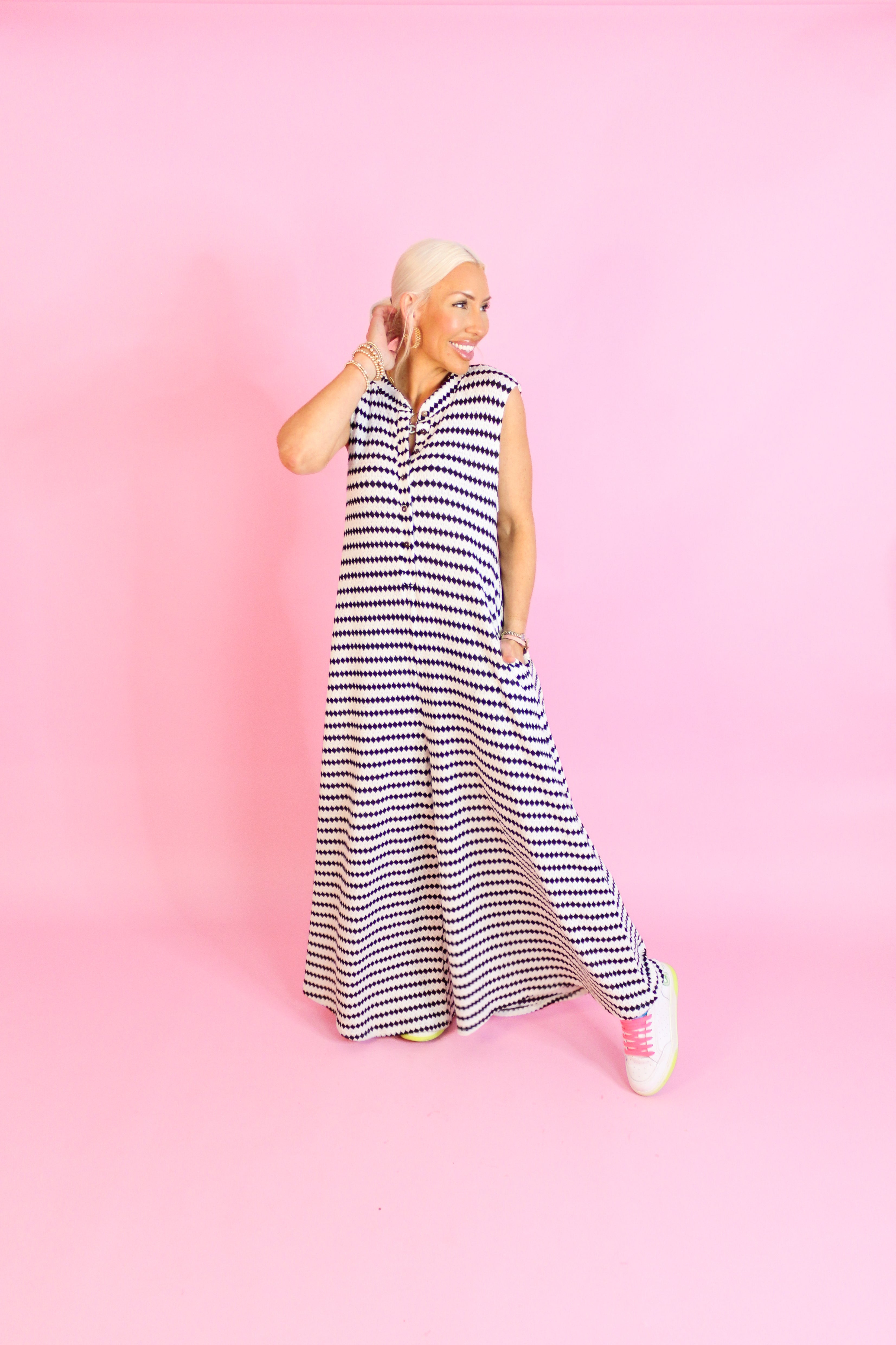 White and Black Striped Knit Wide Leg Jumpsuit