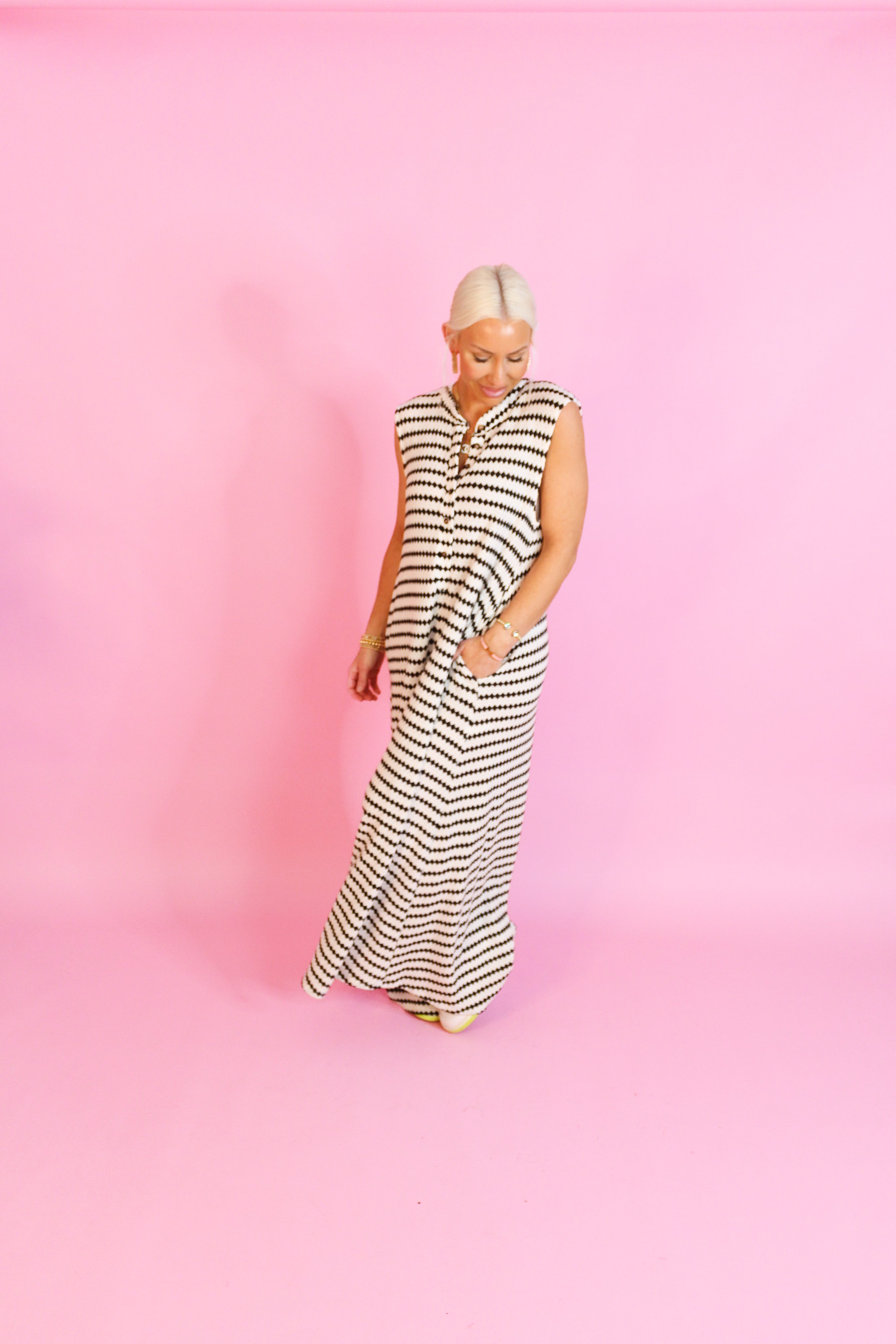 White and Black Striped Knit Wide Leg Jumpsuit