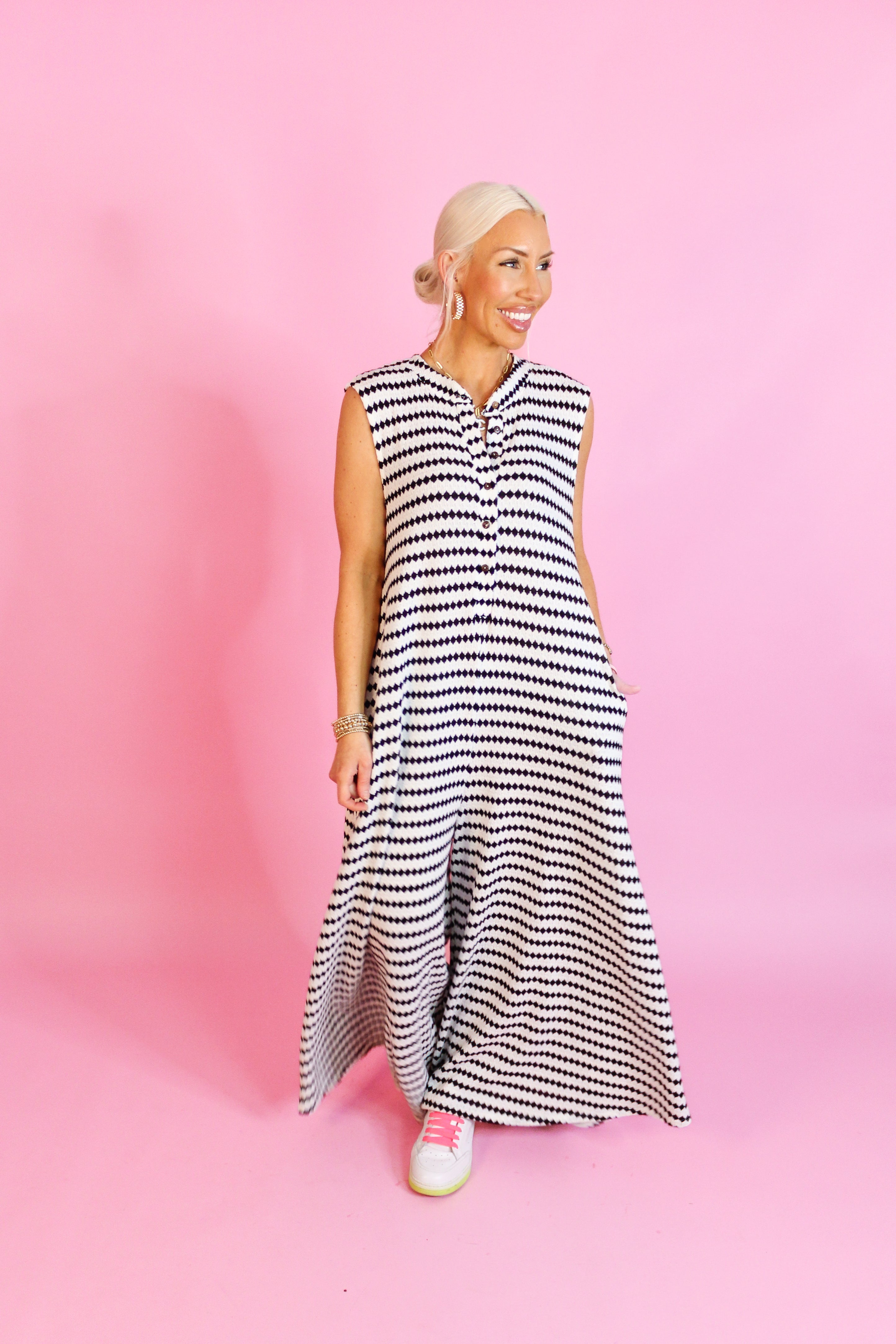 White and Black Striped Knit Wide Leg Jumpsuit