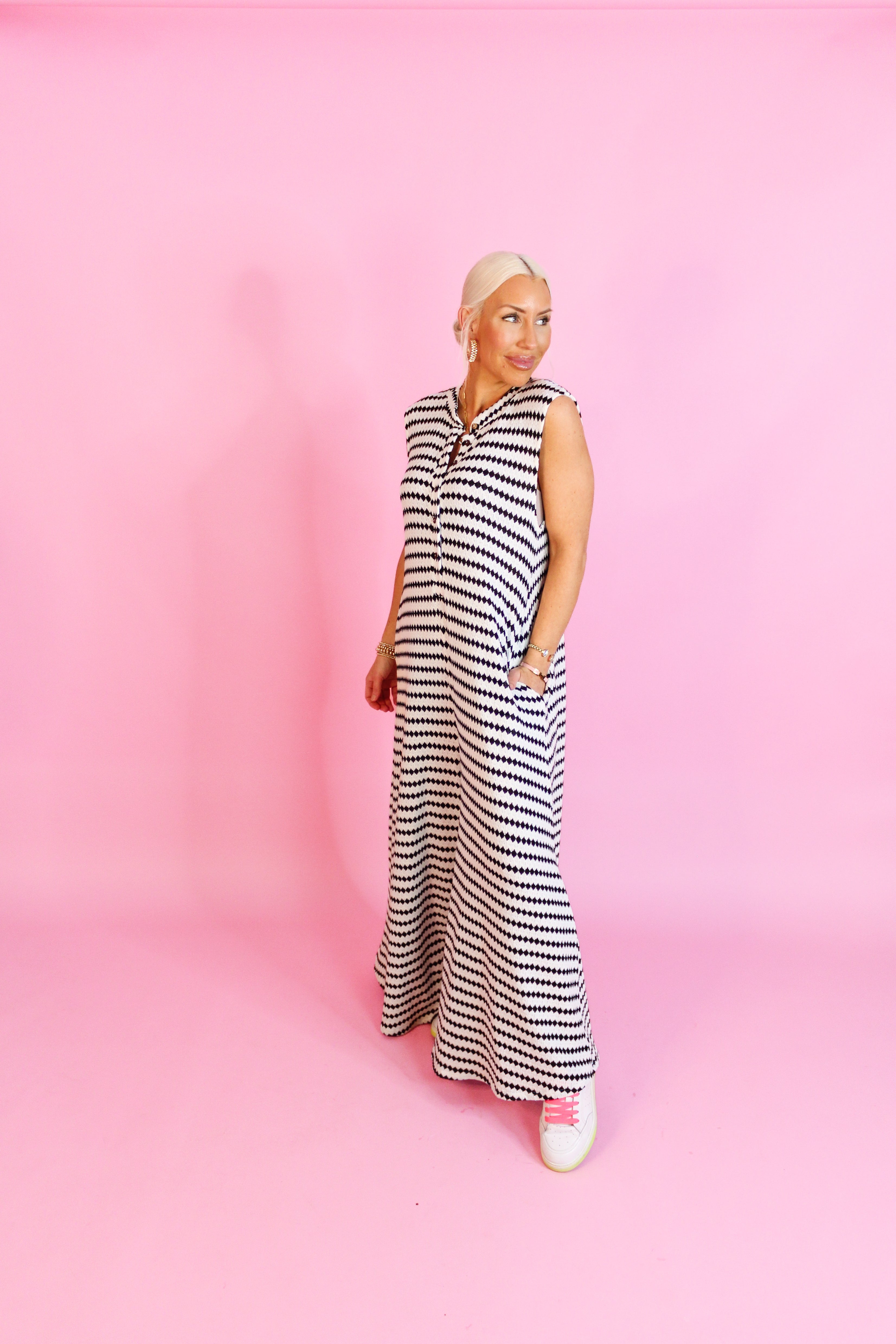 White and Black Striped Knit Wide Leg Jumpsuit