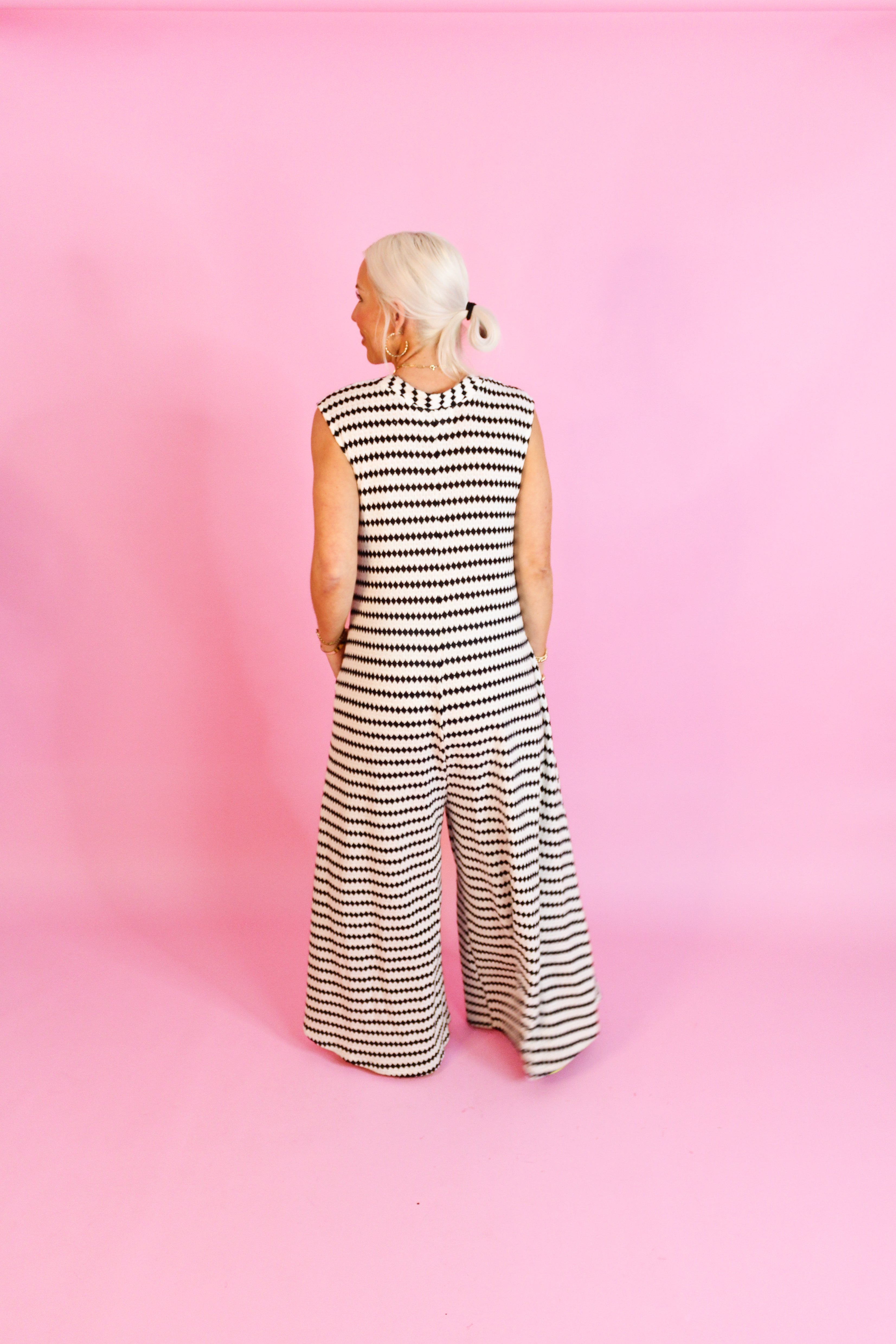 White and Black Striped Knit Wide Leg Jumpsuit