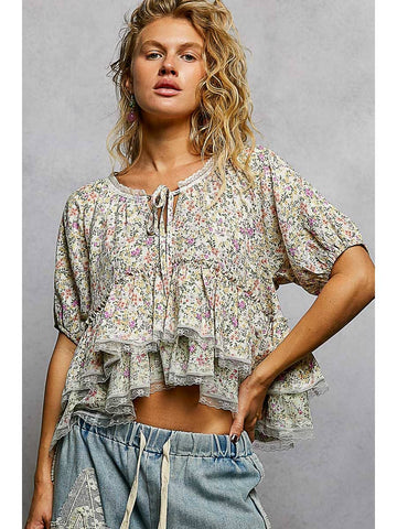 Dainty Floral Balloon Sleeve Flowy Ruffle Top