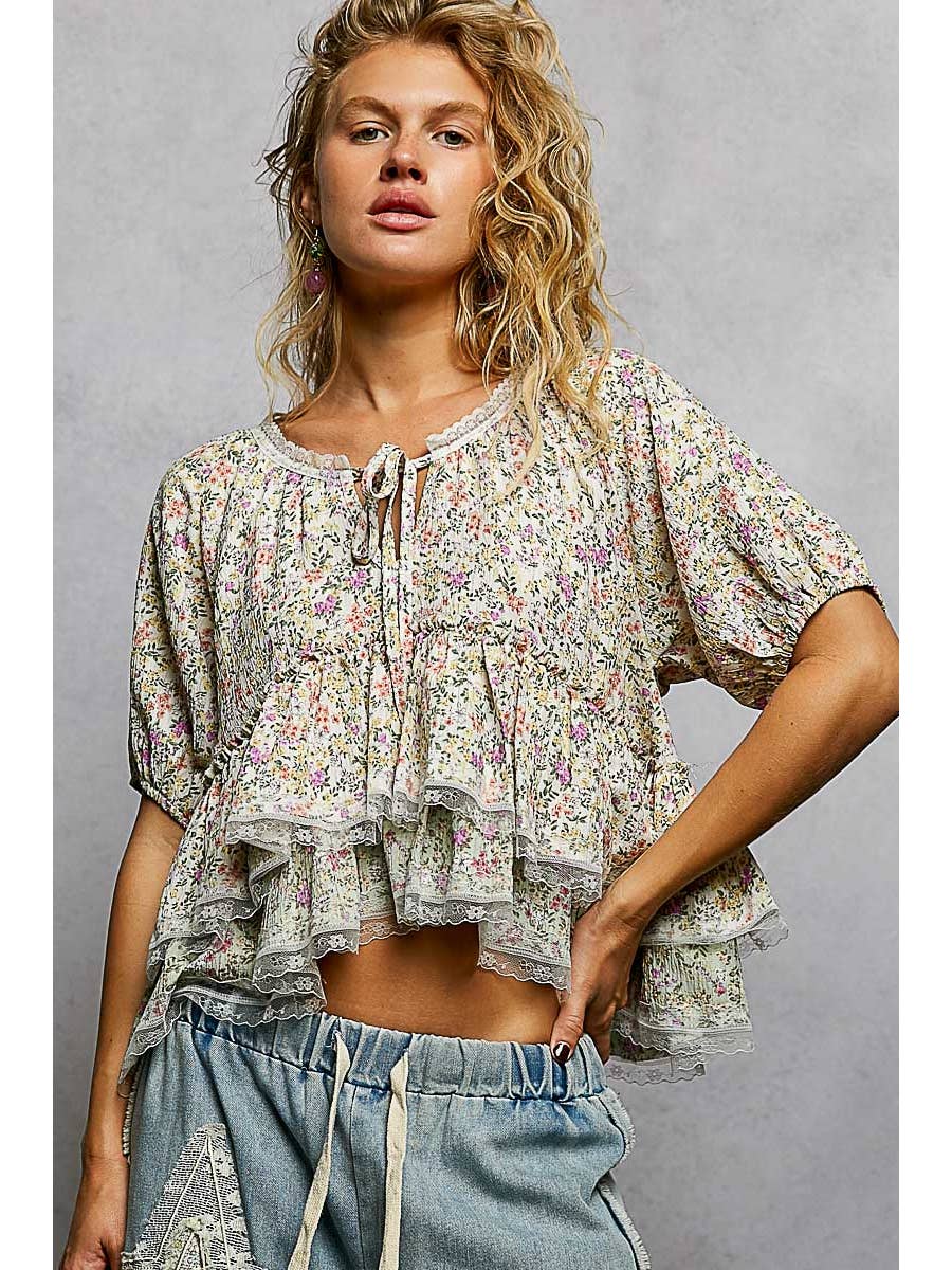 Dainty Floral Balloon Sleeve Flowy Ruffle Top