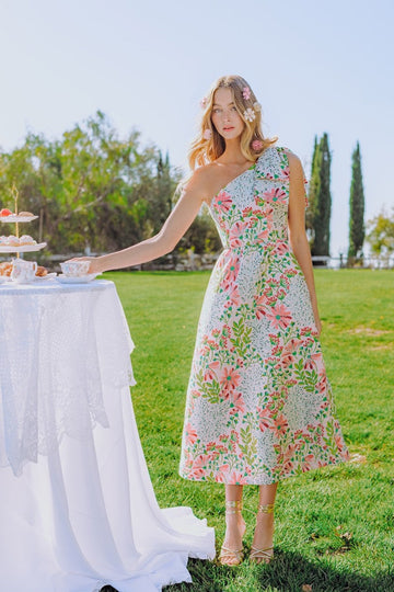 Colorful Jacquard Floral One Shoulder Maxi Dress