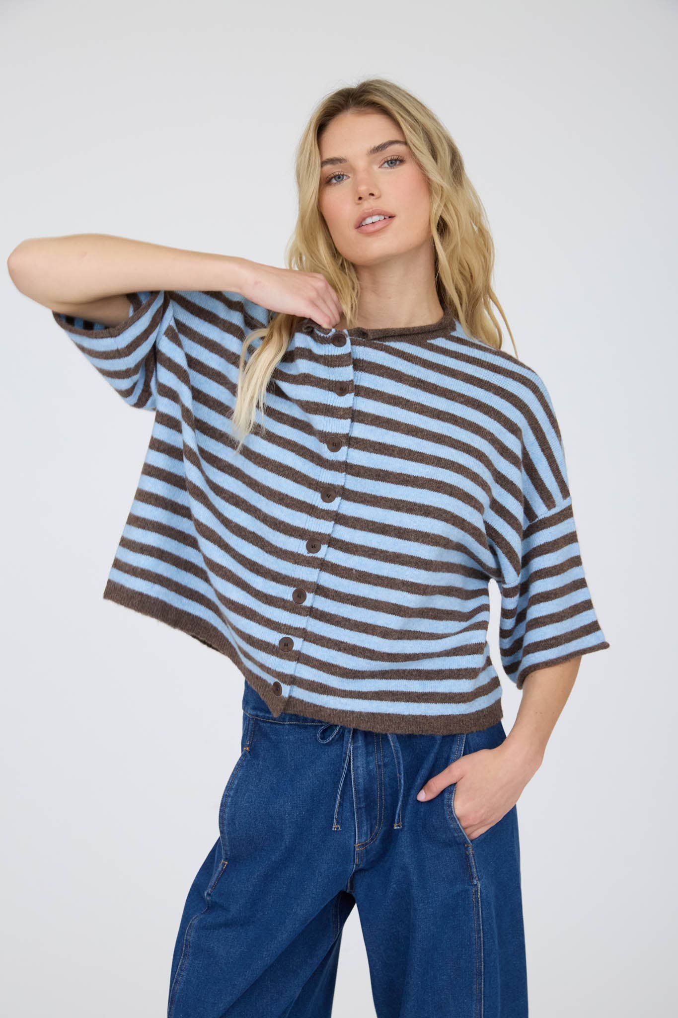 Sky Blue and Espresso Striped Collared Henley Cardigan