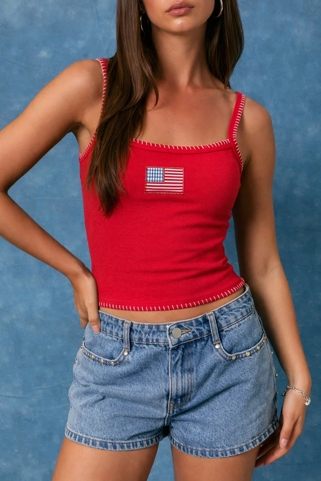 Contrast Stitch American Flag Tank Top - Red
