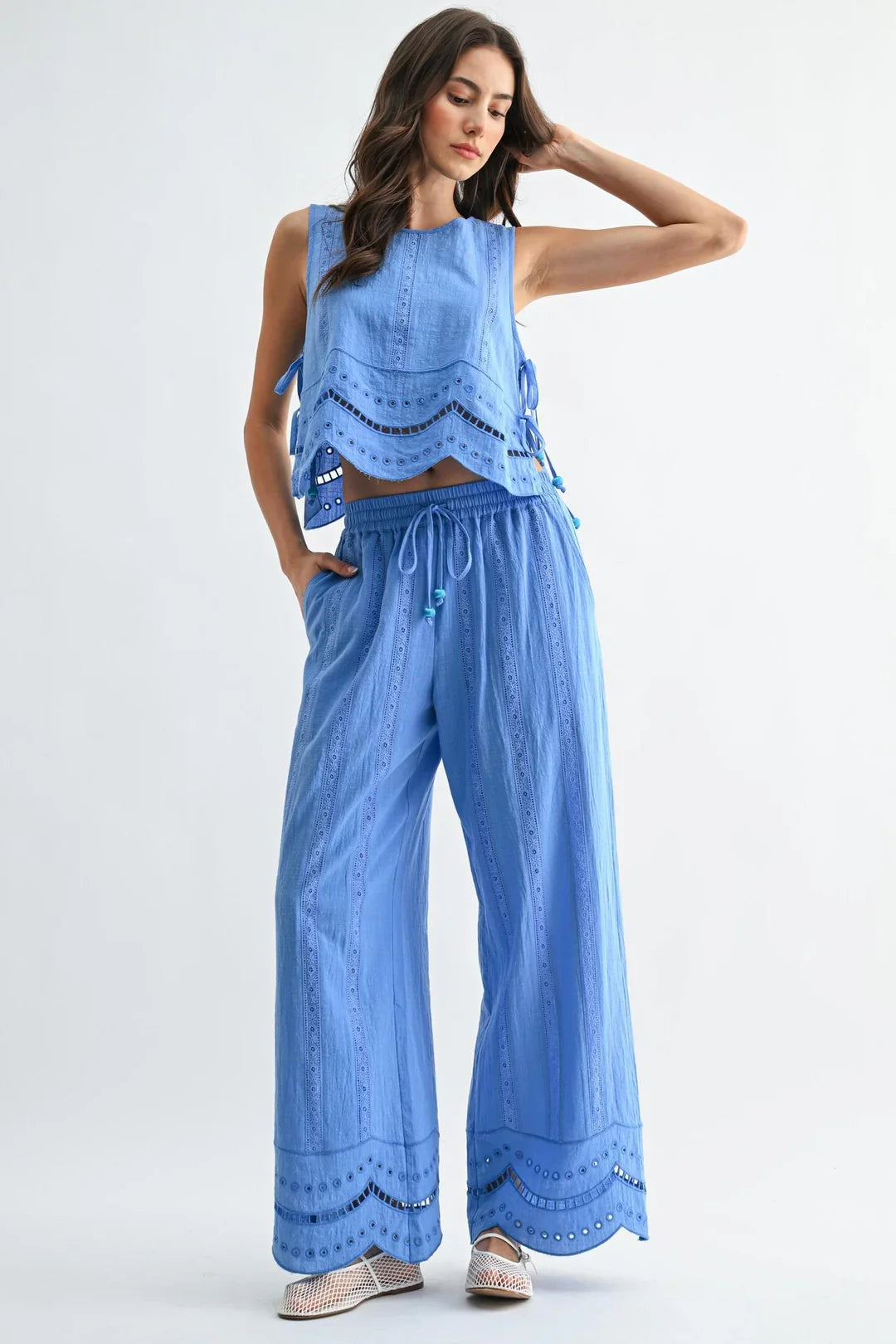Cornflower Blue Eyelet Scalloped Top and Wide Leg Pants Set
