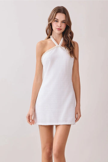 Pearl Detail Halter Neck Mini Dress - White