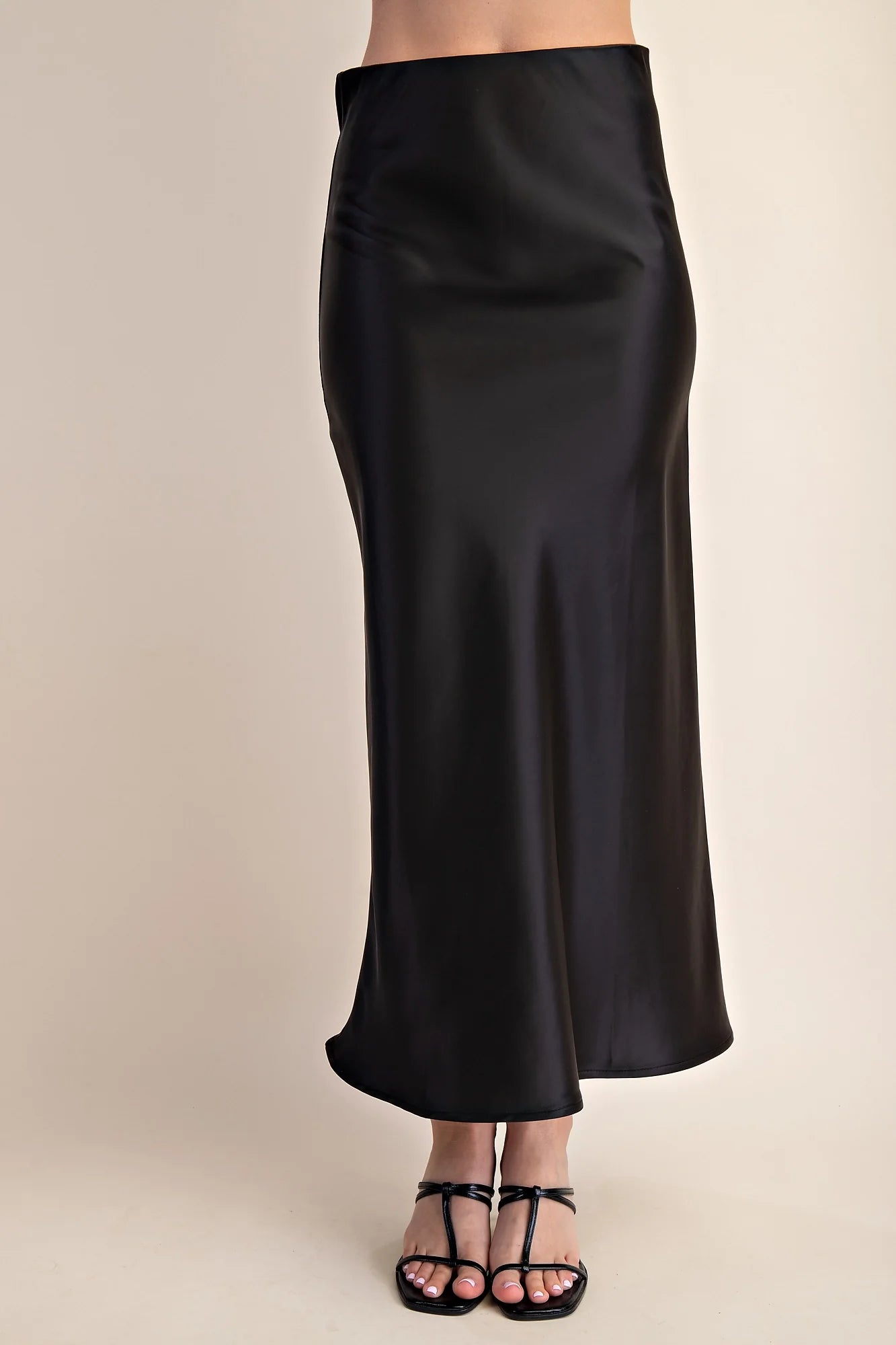Isla Black Satin Midi Skirt