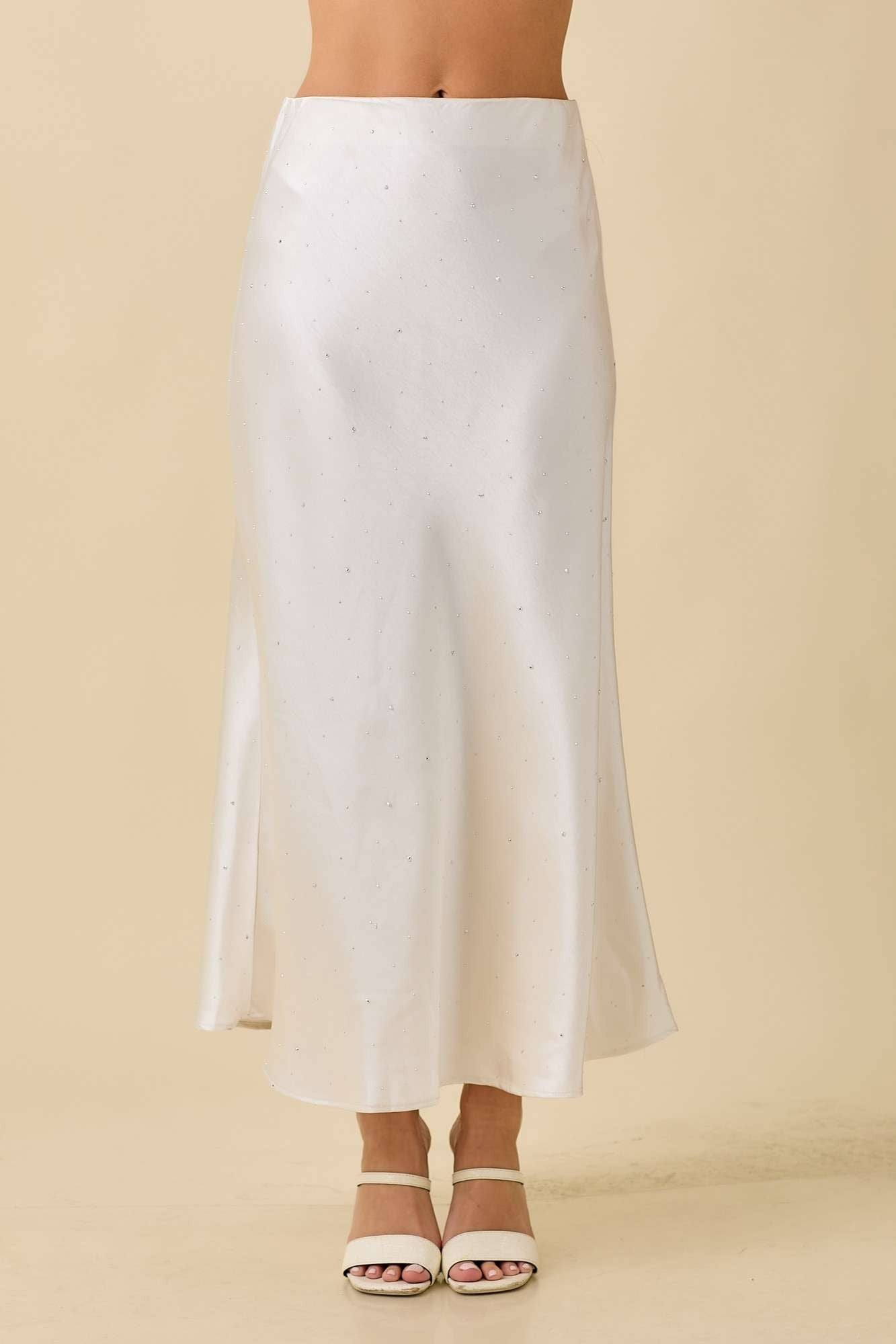 Ivory Rhinestone Embellished Satin Midi Skirt