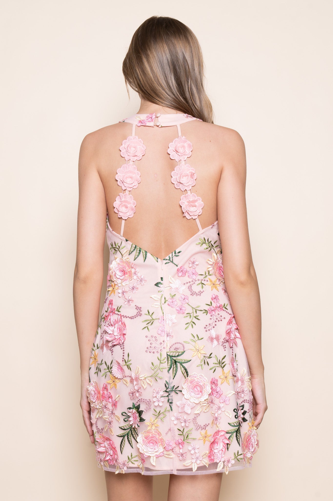 Pink Embroidered Floral Mini Dress
