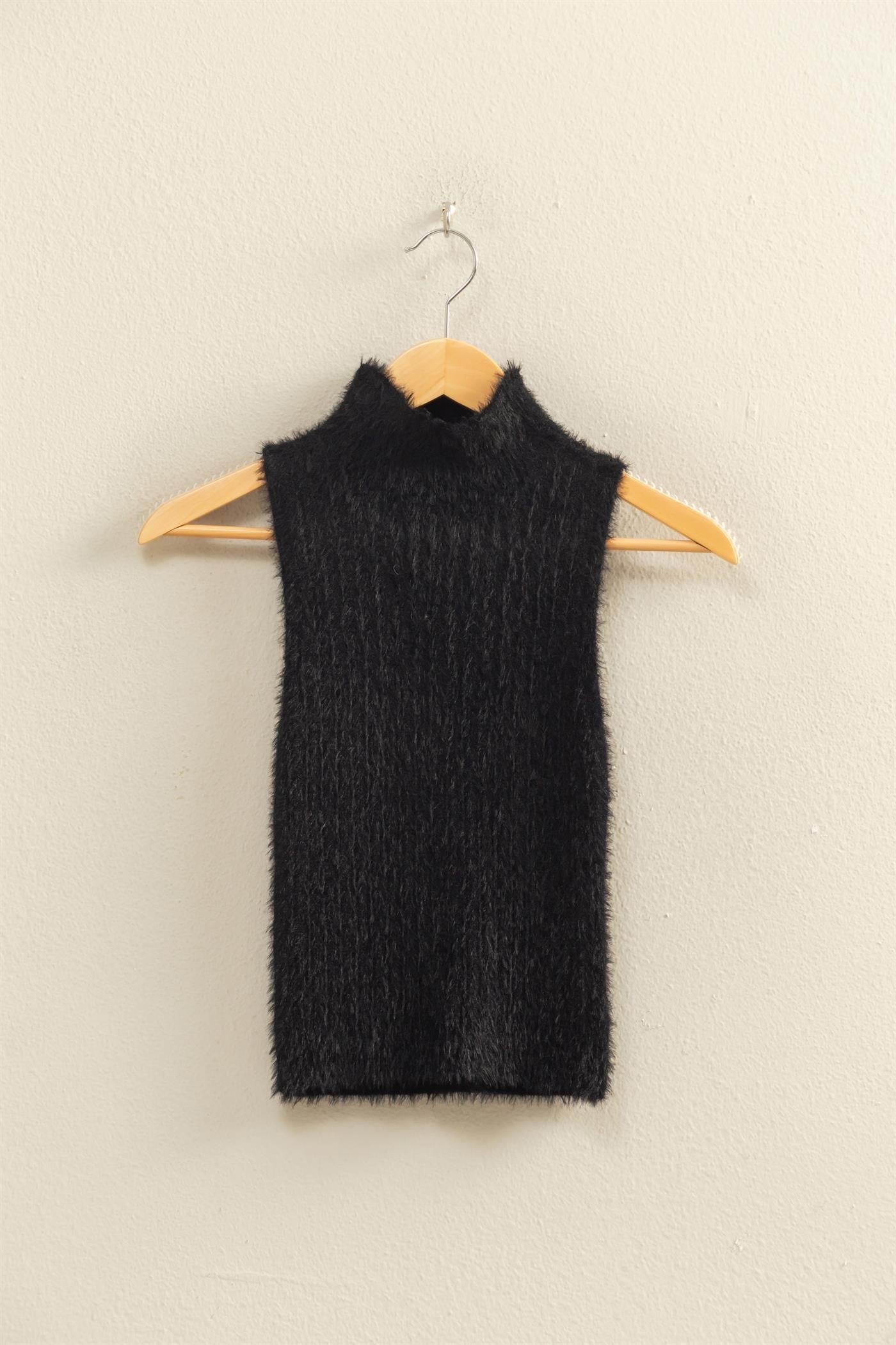 Black Fuzzy Sleeveless Mock Neck Sweater
