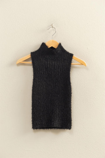 Black Fuzzy Sleeveless Mock Neck Sweater
