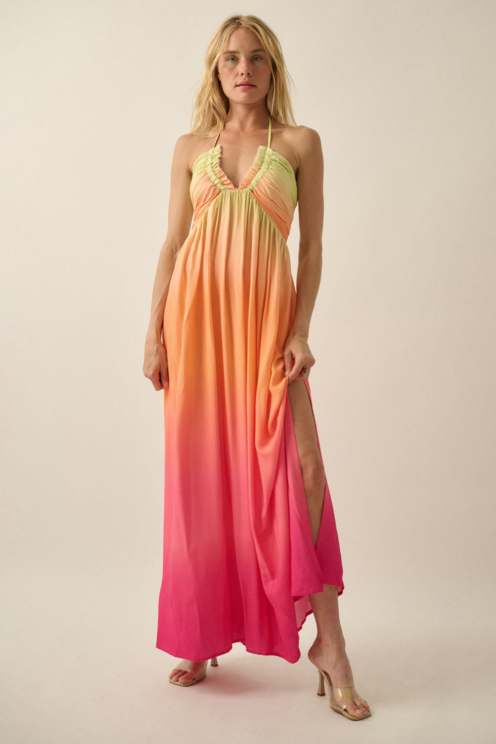 Ombre Halter Neck Maxi Dress - Orange