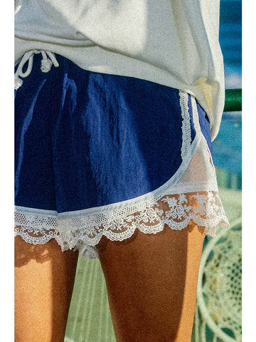 Lace Trim Athletic Shorts - Navy Blue