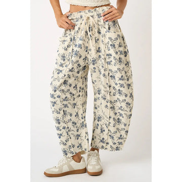 Cream and Blue Floral Slouchy Barrel Leg Pants