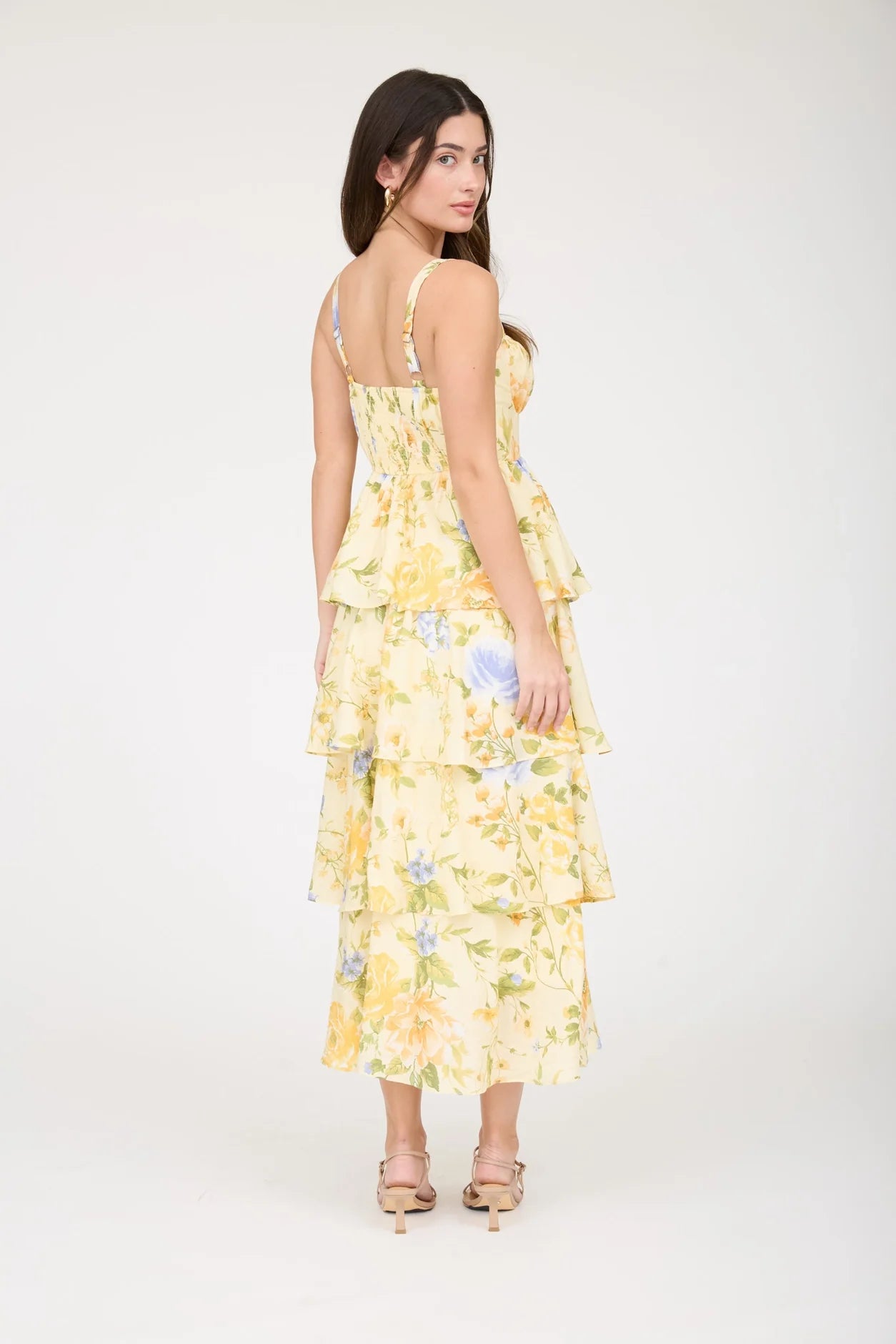 Floral Tiered Ruffle Maxi Dress - Yellow