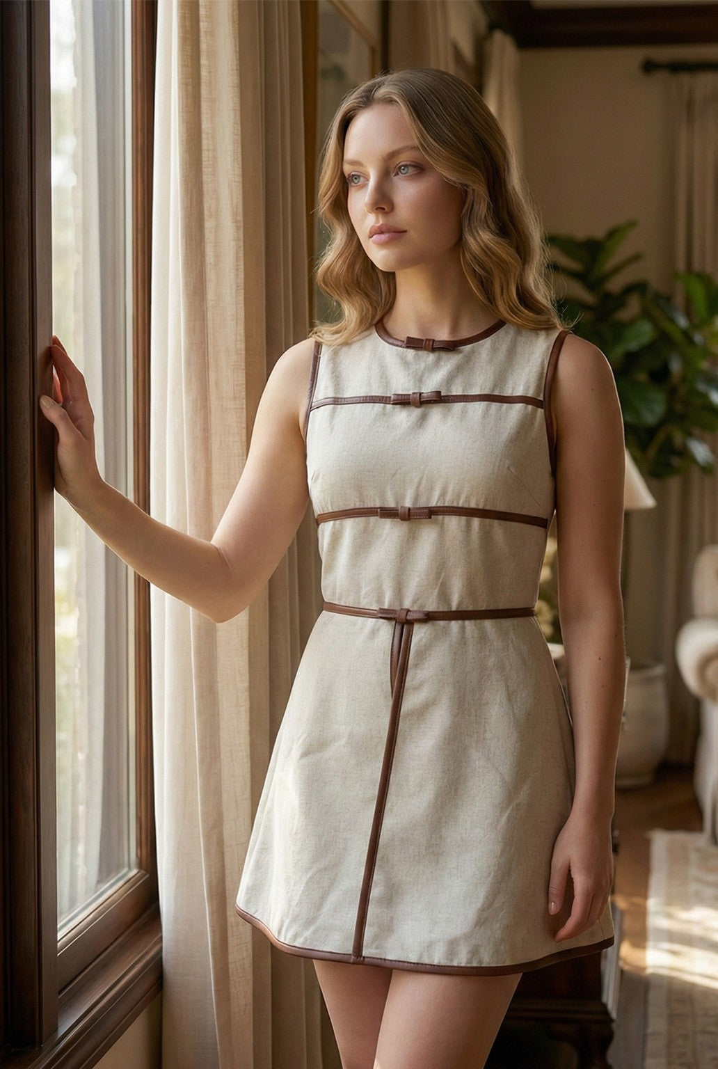 Brown Contrasting Linen Romper Dress