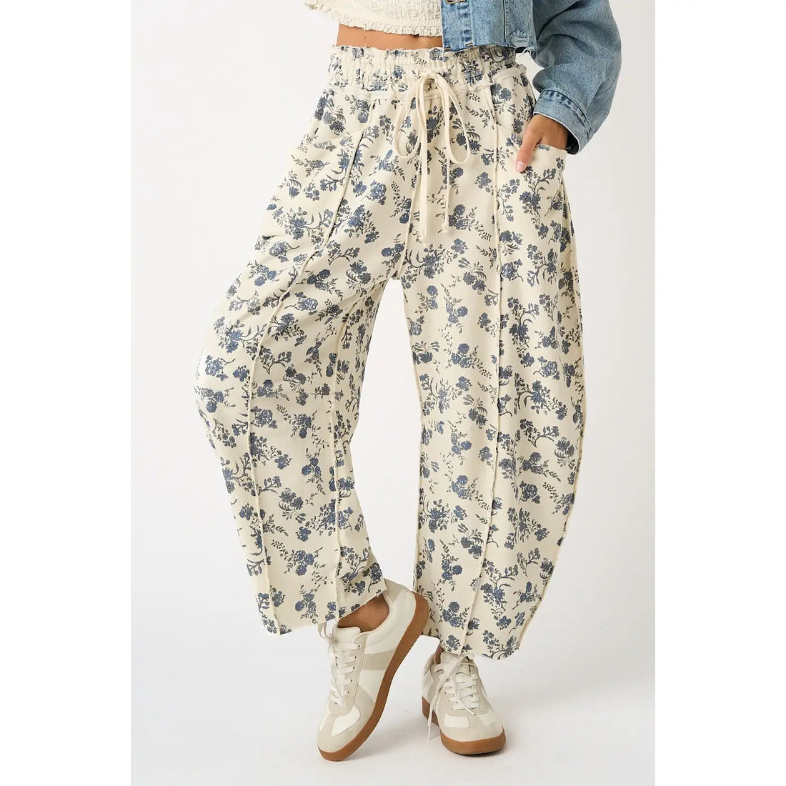 Cream and Blue Floral Slouchy Barrel Leg Pants