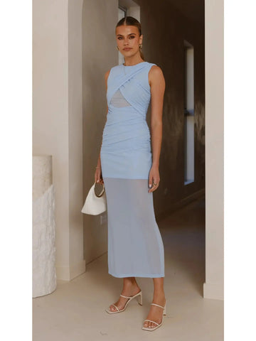 Sheer Hem Sleeveless Maxi Dress - Light Blue