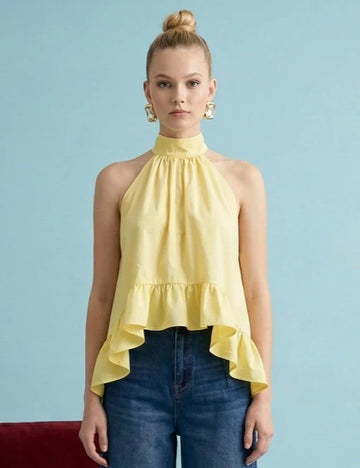 Yellow Tapered Ruffle Hem Halter Neck Top