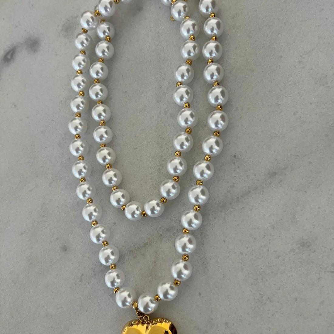 Gold Puffy Heart Pendant Pearl Necklace