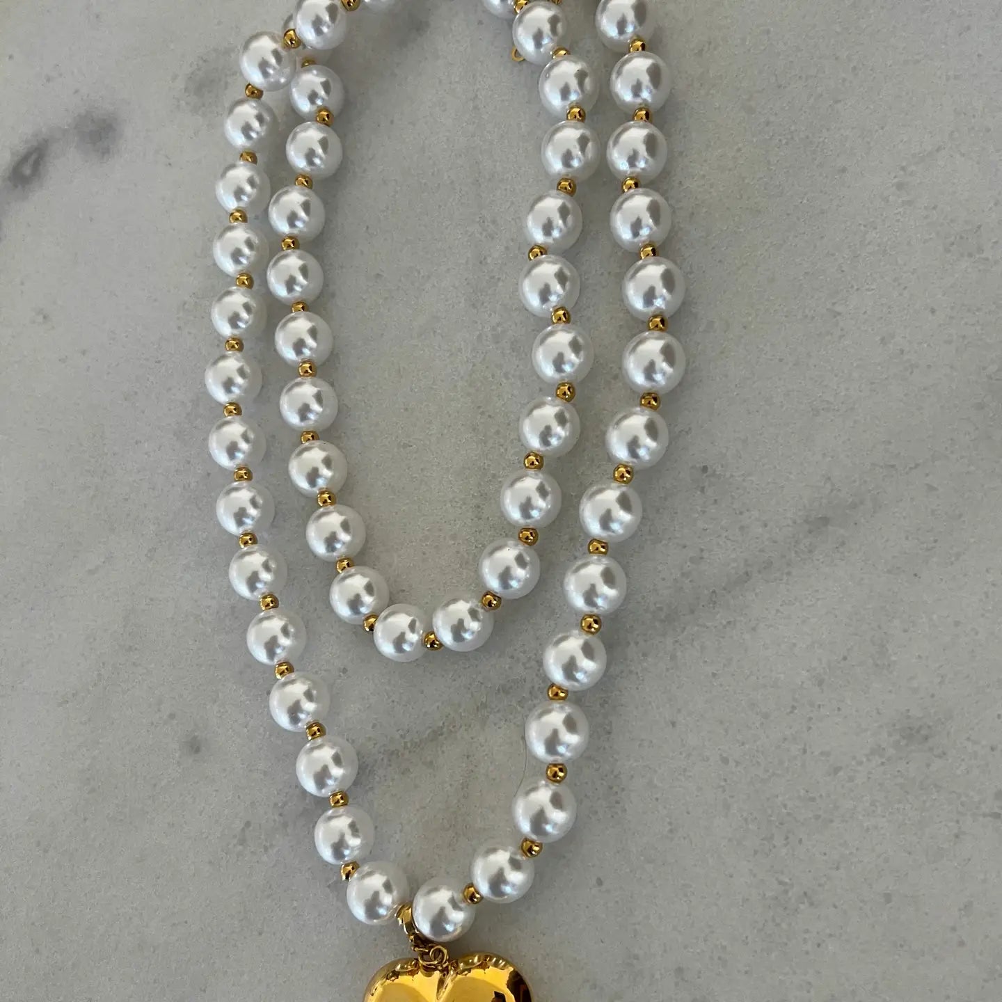 Gold Puffy Heart Pendant Pearl Necklace