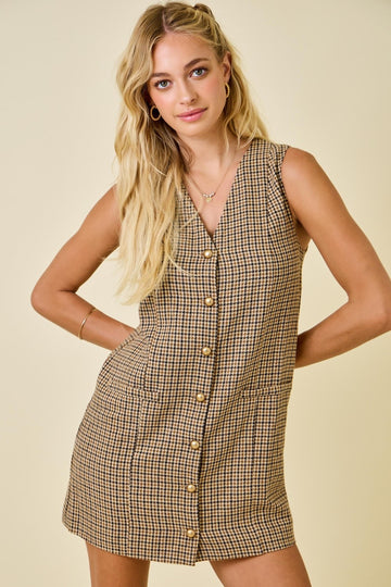 Brown Plaid Button Front Mini Dress