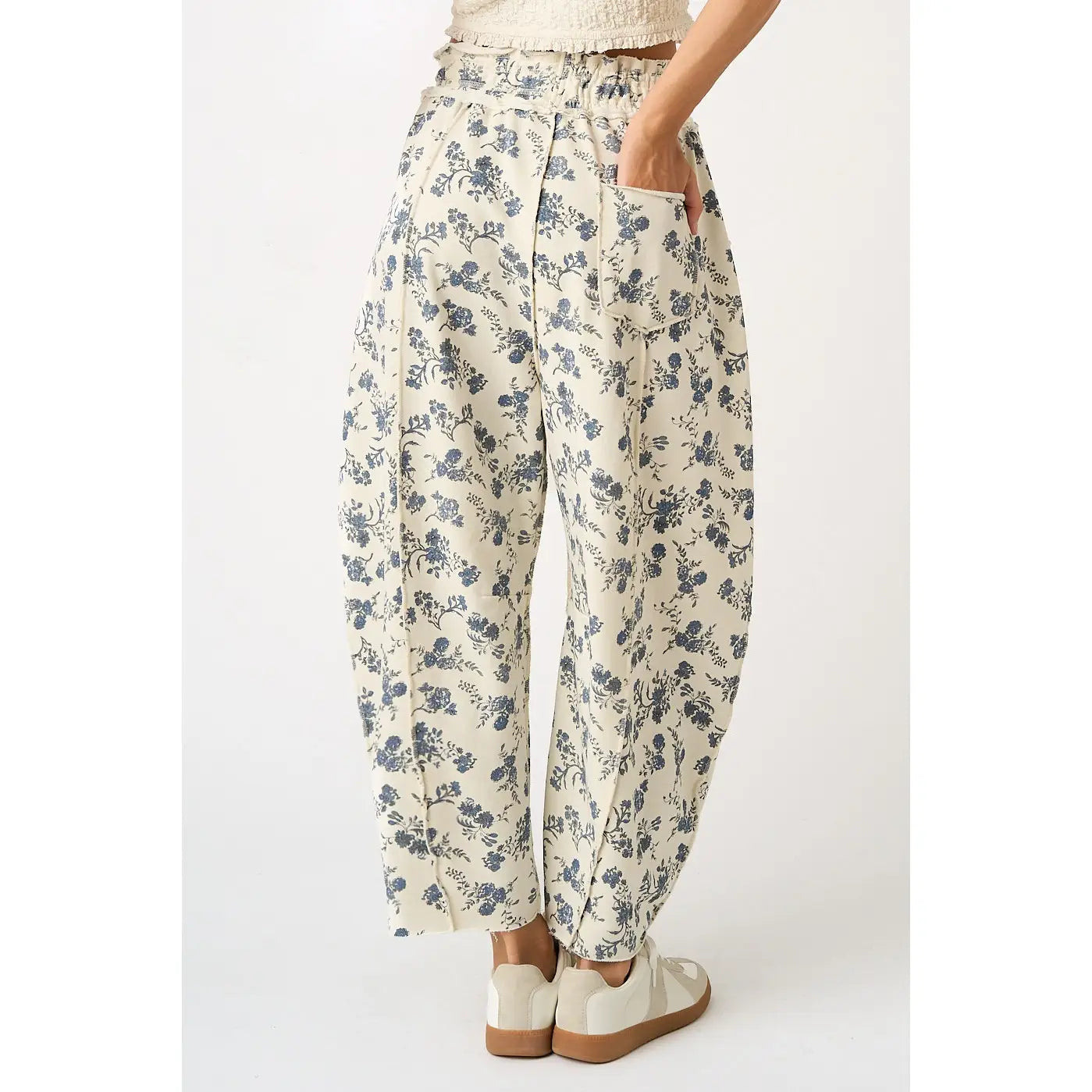 Cream and Blue Floral Slouchy Barrel Leg Pants
