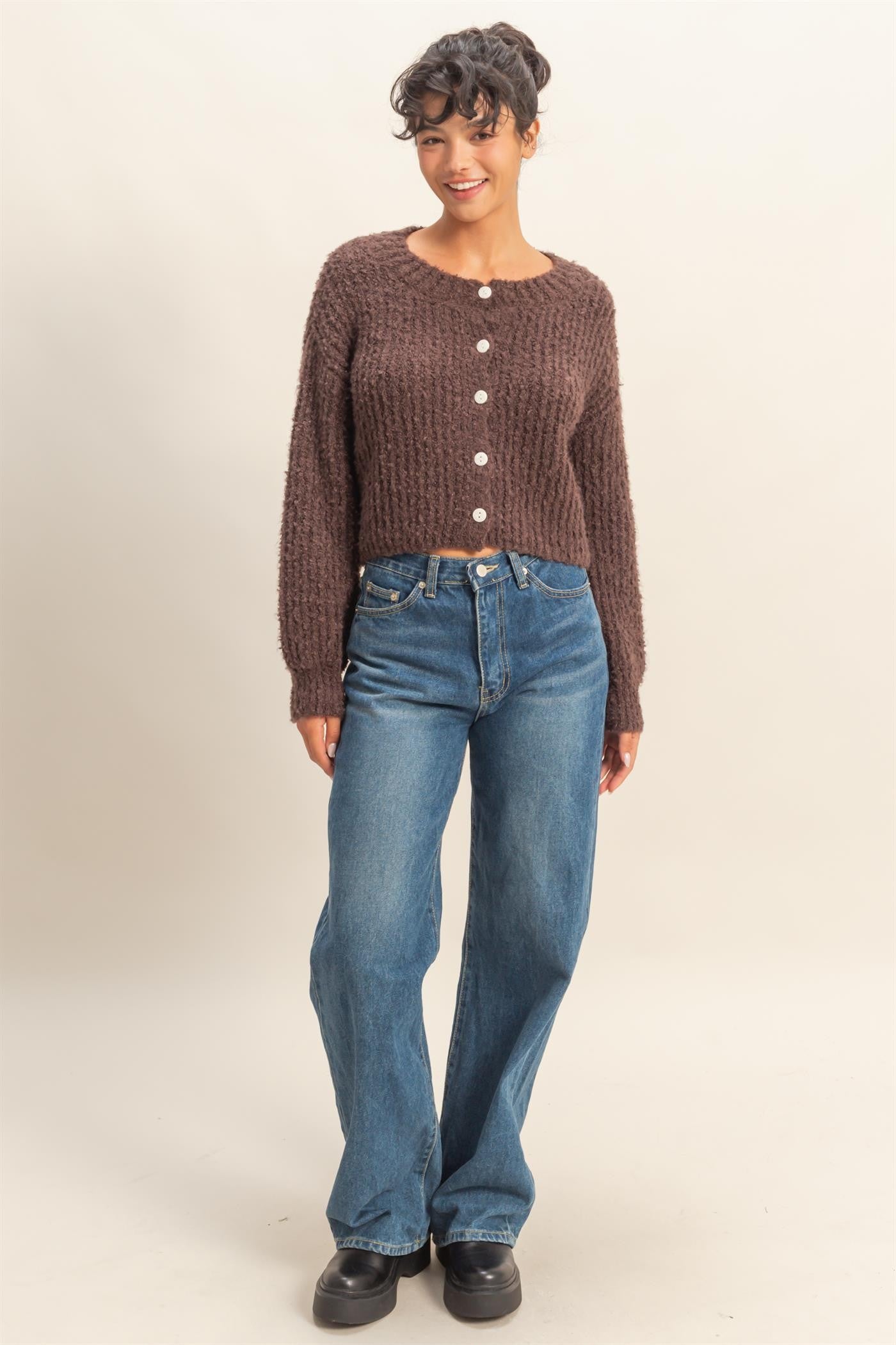 Brown Fluffy Knit Button Down Cardigan