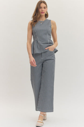 Gingham Wide Leg Pants and Peplum Top Set - Navy Blue