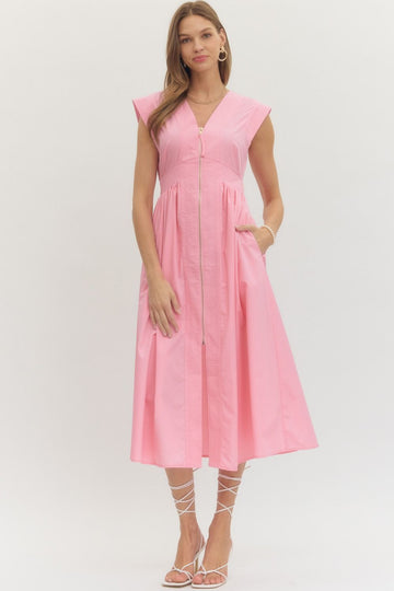 Pink Sleeveless Zip Up Midi Dress