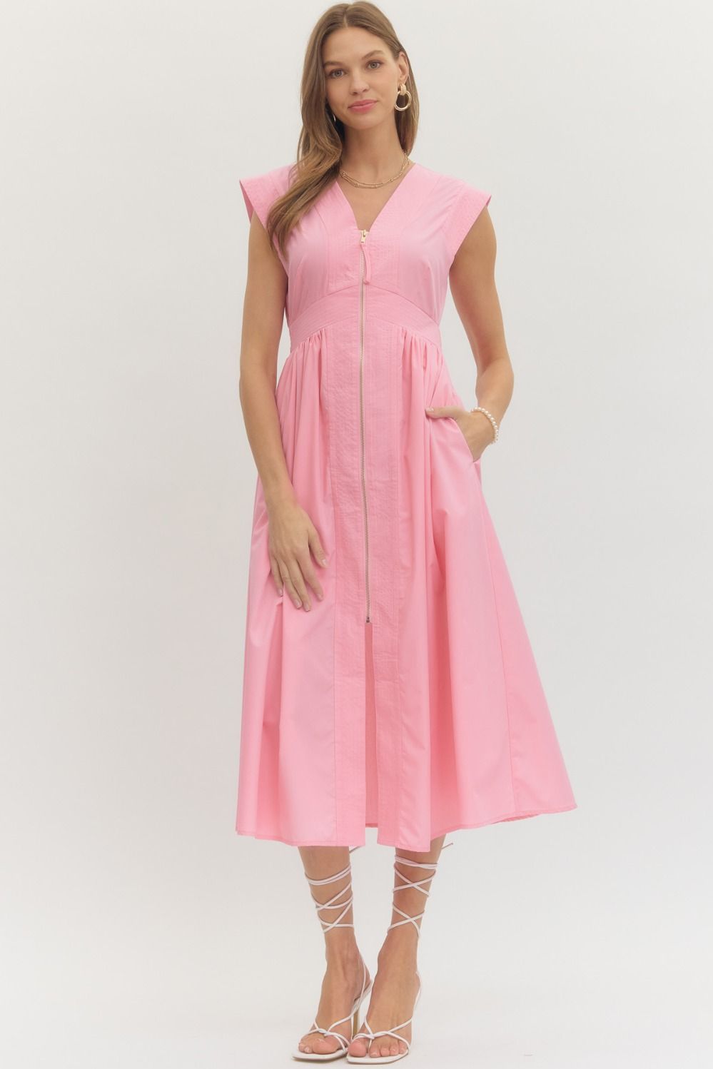 Pink Sleeveless Zip Up Midi Dress