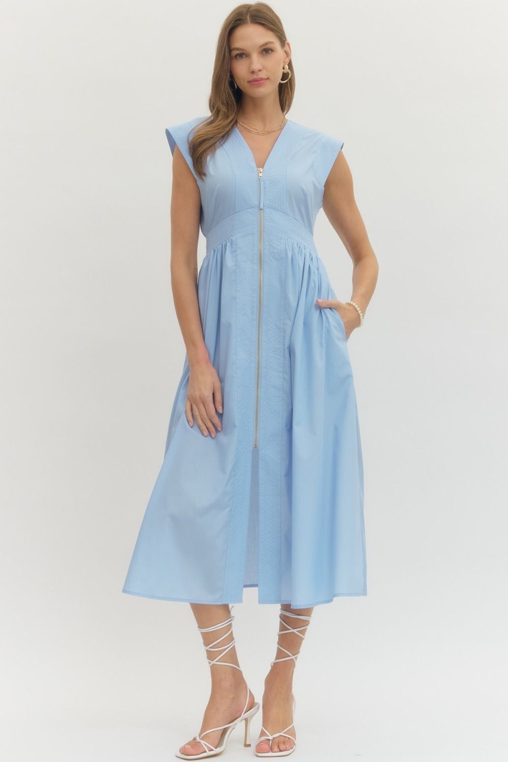 Blue Sleeveless Zip Up Midi Dress