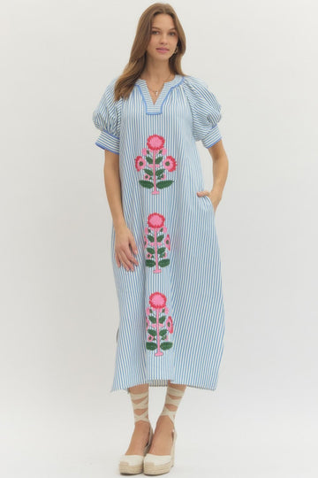 Blue Striped Embroidered Floral Maxi Dress