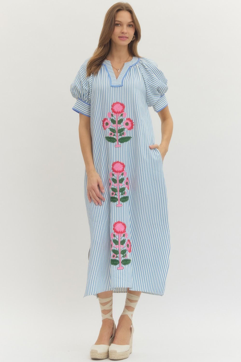 Blue Striped Embroidered Floral Maxi Dress