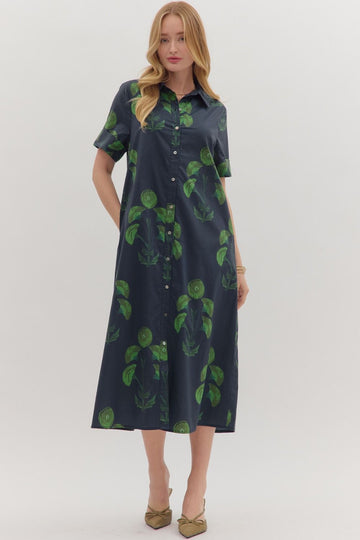 Navy Blue Maxi Dress With Green Floral Pattern