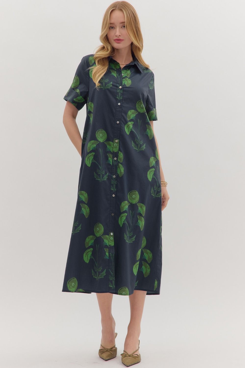 Navy Blue Maxi Dress With Green Floral Pattern