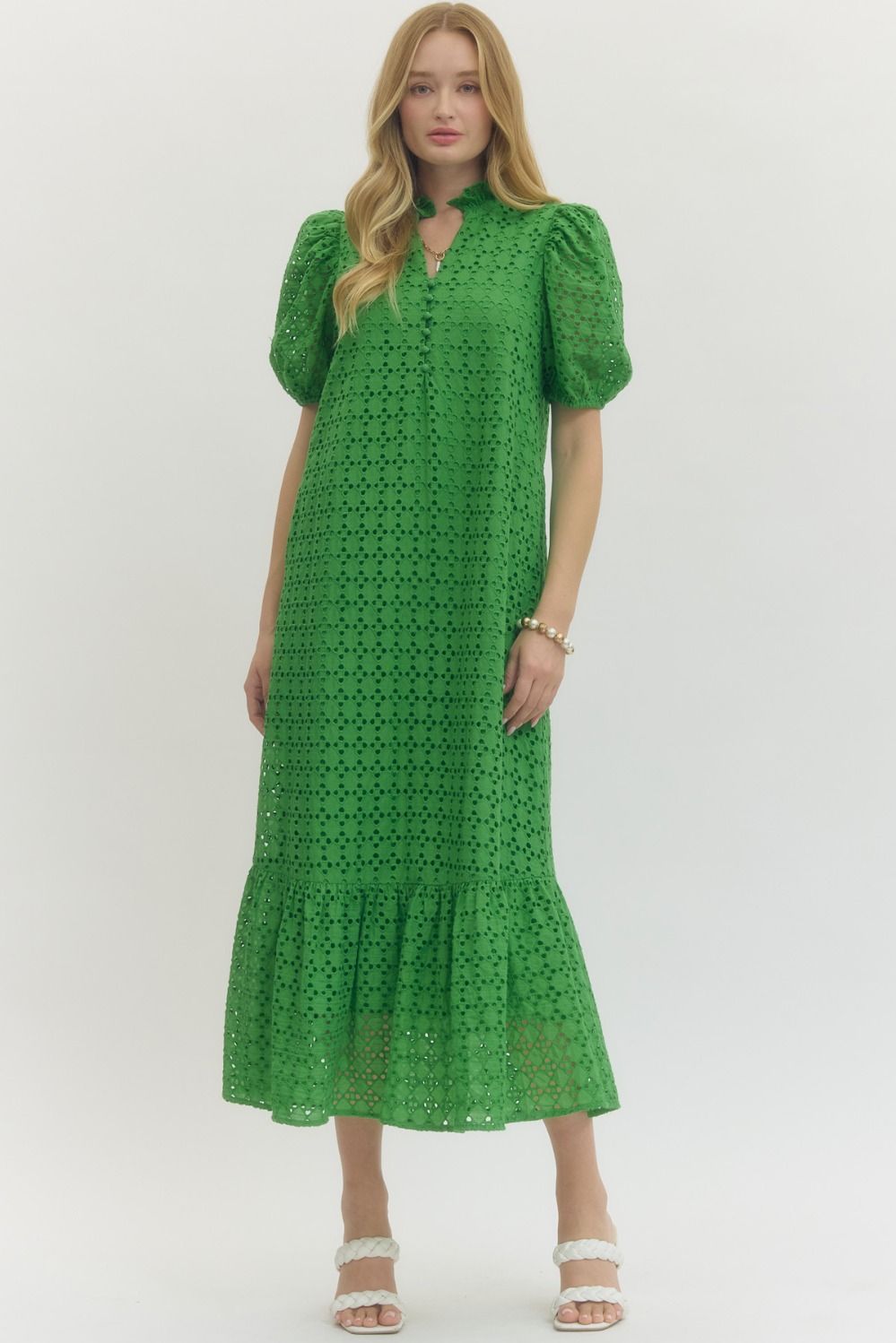 Green Eyelet Detail Ruffle Hem Maxi Dress