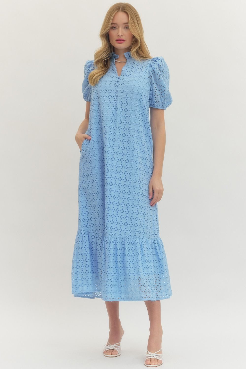Blue Eyelet Detail Ruffle Hem Maxi Dress